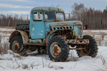 Fototapeta premium Old rusty truck slowly decomposing in a field with remnants of snow