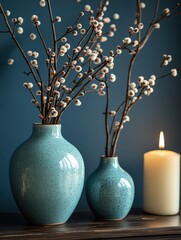 Two vases with flowers and a candle on a table