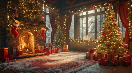Fototapeta premium Christmas Interior with Fireplace and Christmas Tree