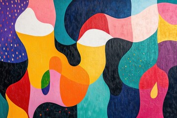 Abstract colorful wall art with fluid shapes and bright colors.