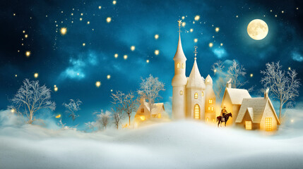 Fototapeta premium Rider in Silhouette Against Starry Night Sky with Milky Way and Village Houses.figure of St. Nicholas deliver gifts during the night