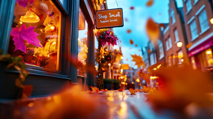 Cozy Autumn Street with Shop Small Sign and Colorful Falling Leaves at Sunset.Small Business Saturday concept