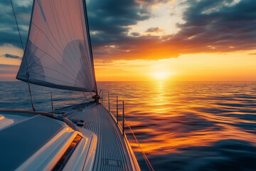 A serene sunset voyage on the tranquil sea with transformative teal hues reflecting the day's end
