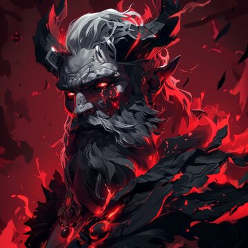 A demon with red eyes and a long white beard