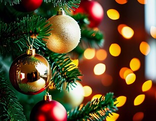 Sparkling ornament balls in vibrant red and gold hang from a lush spruce tree branch. Soft, warm lights twinkle enhancing festive spirit of Christmas. Happy New Year. Anamorphic  bokeh. Generative AI