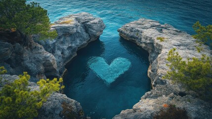 Heart-shaped lagoon carved into the rocky coastline of a tropical island, surrounded by crystal-clear turquoise water.