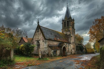 Fototapeta premium Old stone church with a tall steeple is standing on a deserted village street after rain, with fallen autumn leaves scattered around