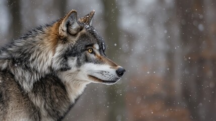 Fototapeta premium Close-Up Profile of a Wolf in Serene Wintry Forest with Falling Snowflakes