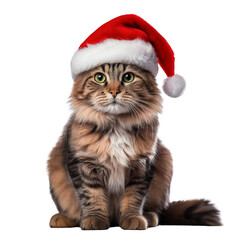 A cat wearing a Santa hat is sitting on a white background. The cat's eyes are green, and it has a fluffy tail. Concept of holiday cheer and warmth, as the cat is dressed up in a festive hat