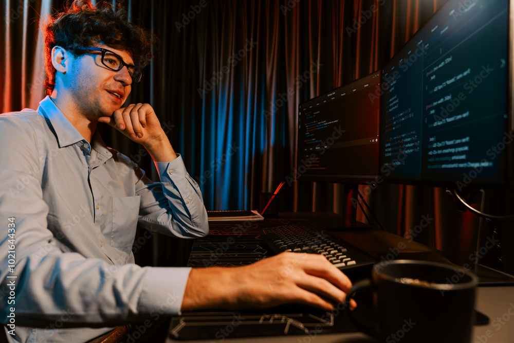 Poster it developer thinking online software development information coding on pc screen at side view, work
