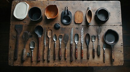   Wooden table with various spoon stacks on top