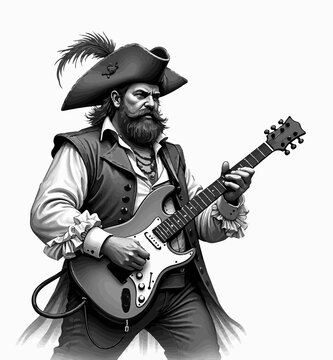 Illustrazione pirata che suona chitarra elettrica. Generative AI