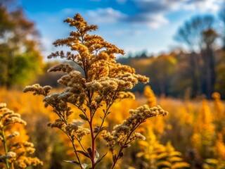 Withered goldenrod blossoms against a blurred natural background showcasing autumn's fading beauty