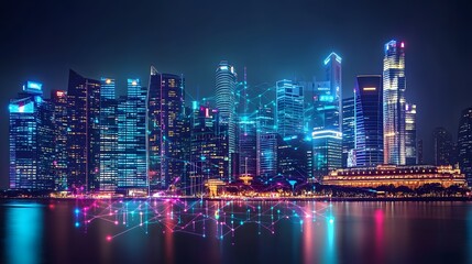 Naklejka premium A futuristic city skyline with glowing digital connections, representing the integration of smart technology in urban life