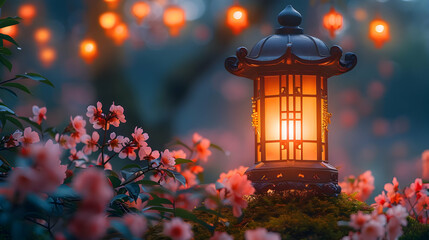Illuminated Lantern in a Garden with Blossoming Flowers Illustration