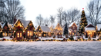 Fototapeta premium Enchanting Christmas Village in Outdoor Setting with Lights and Decorations on White Background