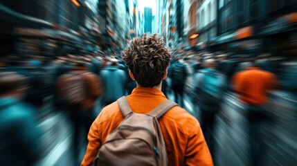 Fototapeta premium Young Man Navigating a Busy Urban Street, AI
