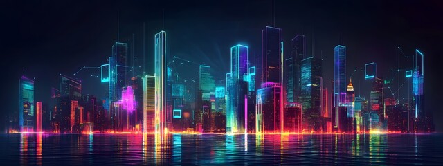 Fototapeta premium A futuristic city skyline with glowing digital connections, representing the integration of smart technology in urban life