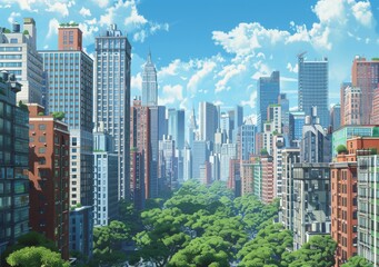 Fototapeta premium Cityscape Illustration with Lush Trees and Skyscrapers