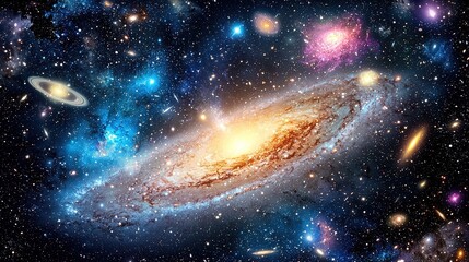 Fototapeta premium A stunning view of a spiral galaxy surrounded by vibrant stars and cosmic clouds, showcasing the vastness and beauty of the universe.