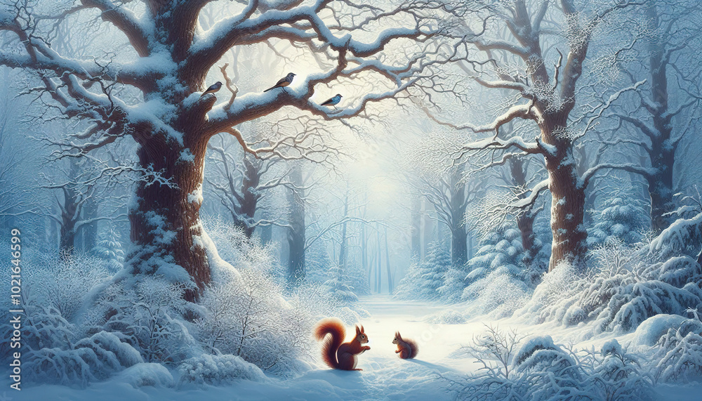 Canvas Prints magical winter forest with big snow-covered branchy trees and squirrels in the snow