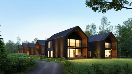 Modern luxury villa exterior in minimal scandinavian style, 3d render