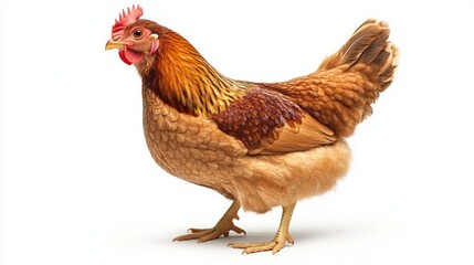 Fototapeta premium A brown hen stands on a white background, facing the left side of the frame. Its feathers are a mixture of light and dark brown, and its wattle and comb are red.
