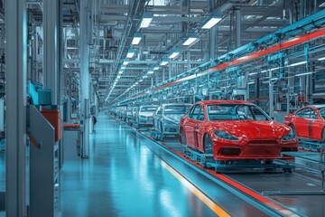 Obraz premium a car factory with cars on the assembly line