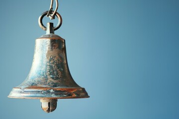 Old brass bell with a weathered patina is hanging against a blue background
