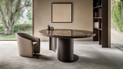 This interior showcases a stylish study room with a round table, elegant accessories, and plenty of greenery. The beige wall enhances a calm, modern atmosphere