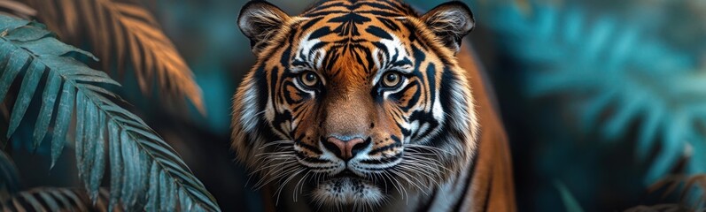 Obraz premium Tiger walking through a jungle with palm leaves