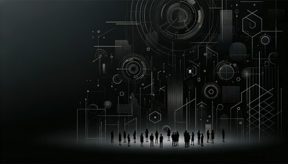 abstract background for design and presentation with white lines depicting technological elements on a black background