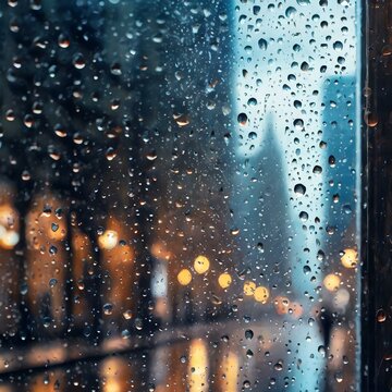 rue floue d'une ville vue au travers d'une fen&ecirc;tre un jour de pluie avec goutes nettes en illustration ia