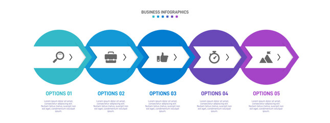 Horizontal progress bar featuring 5 arrow-shaped elements, symbolizing the five stages of business strategy and progression. Clean timeline infographic design template. Vector for presentation