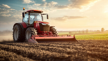 Obraz premium A tractor tirelessly plows a rich field under a vibrant autumn sky