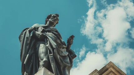 Obraz premium A bronze statue of a man in a robe stands tall against a blue sky with fluffy white clouds.