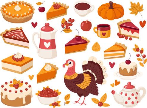 Thanksgiving Day set. Turkey, whole pumpkin pie, pumpkin and berry pie pieces, autumn fruits and berries, coffee pot, teapot and cups with warm drinks. Cozy and warm food autumn collection. 