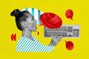 Creative collage young woman say tell textbox keyboard buttons user computer modern technology...
