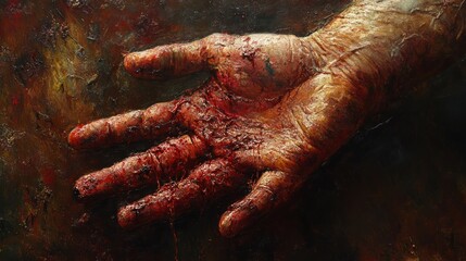 Fototapeta premium A close-up of a bloody hand lying on a dark background.