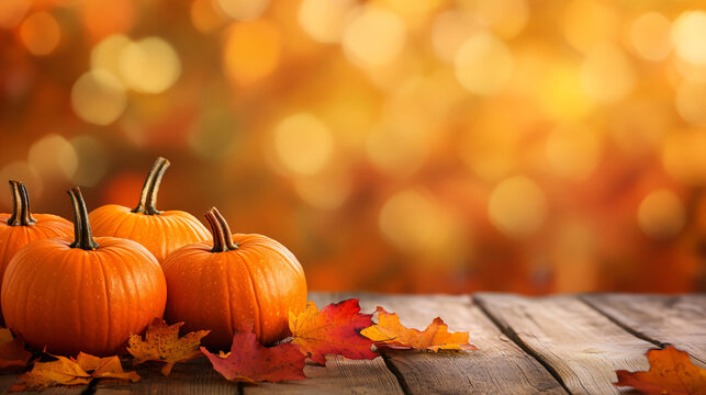 Ripe pumpkins on a blur background. Thanksgiving day or Halloween concept. Beautiful holiday harvest autumn banner background with copy space 