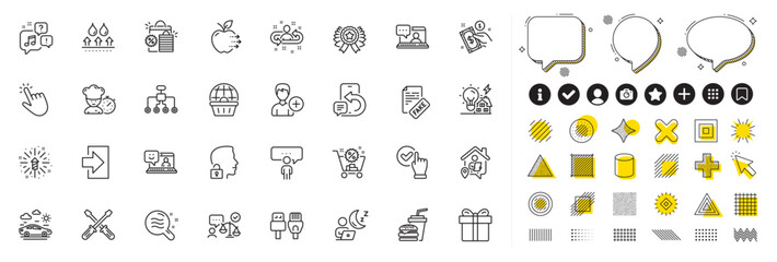 Set of Smile, Lawyer and Checkbox line icons for web app. Design elements, Social media icons. Gift box, Computer cables, Payment method icons. Phone message, Shift, Chef signs. Vector