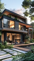 Fototapeta premium Modern Luxury House with Lush Tropical Landscaping