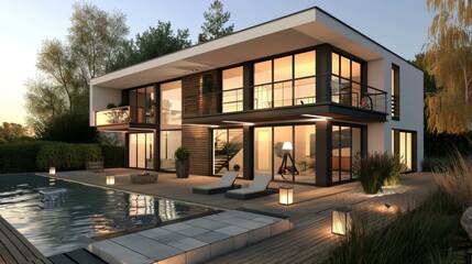 Fototapeta premium Modern Luxury House by the Poolside at Dusk
