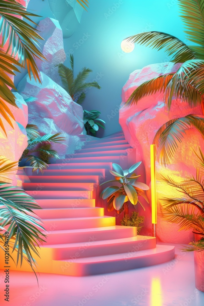 Wall mural Neon Pink Stairway Tropical Paradise