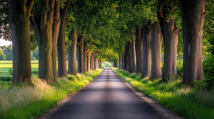 Obraz premium A long, straight road lined with trees leading into the distance, creating a tunnel of green foliage, with a field of grass on either side.