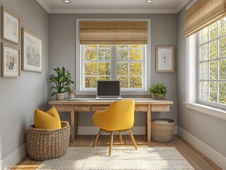 Fototapeta premium Cozy study room with pale grey walls and pops of bright yellow in the form of a desk chair and throw pillows