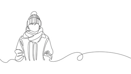 Figure wearing winter clothes isolated vector illustration. Continuous line drawing illustration eps 10 © Kensusei