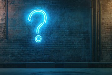 a neon blue question mark on a brick wall