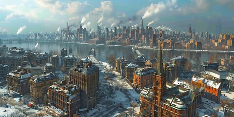 Fototapeta premium Winter Cityscape Aerial View of a Frozen Metropolis