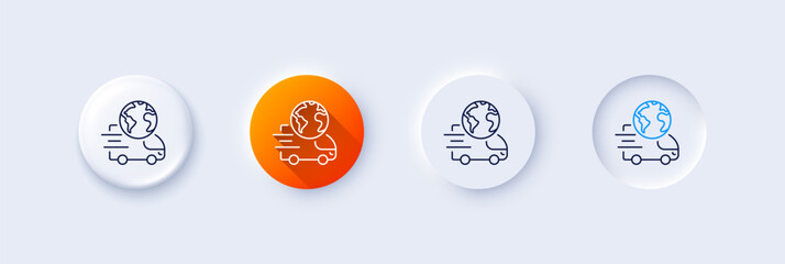 Global business line icon. Neumorphic, Orange gradient, 3d pin buttons. Delivery service sign. Internet marketing symbol. Line icons. Neumorphic buttons with outline signs. Vector